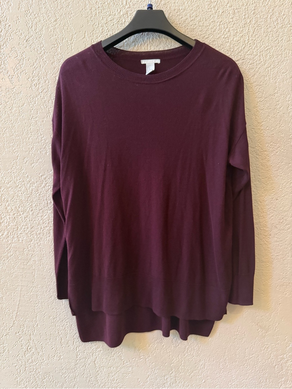 H&M Lightweight Plum Sweater Sz Large Wide Ribbed Hem Low High Tunic Length